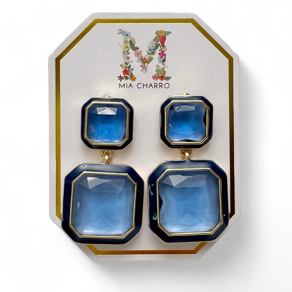 Mia Charro Blue Faceted Crystal Glass Enamel Square Drop Earrings NEW